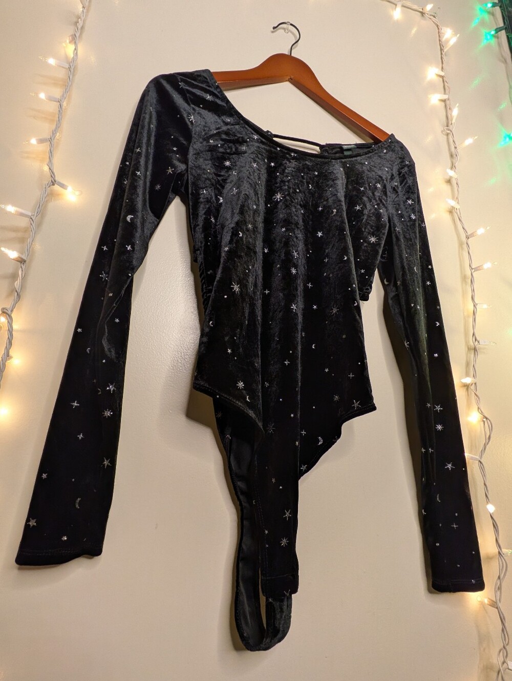 Wild Fable Black Velvet Star-Print Long Sleeve Bodysuit - Size M